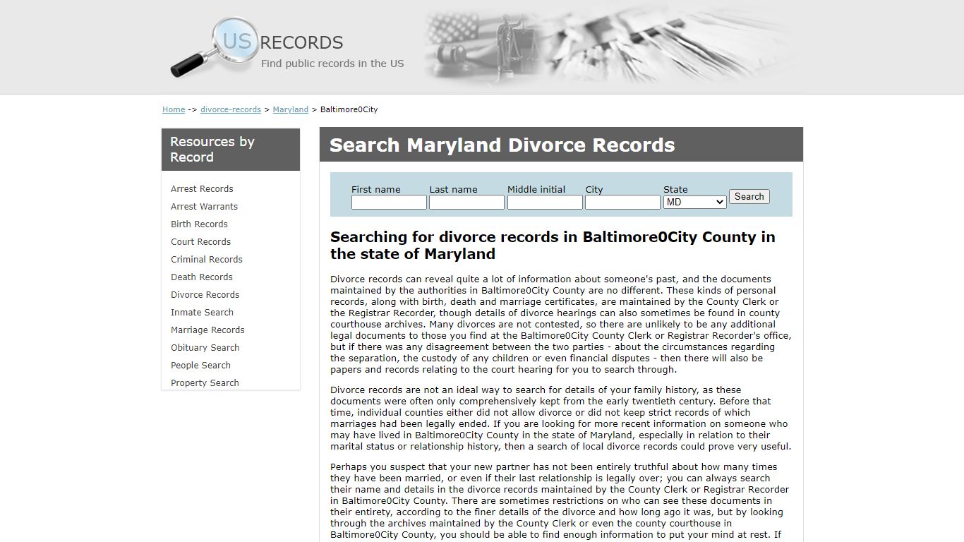 Search Divorce Records Baltimore City Maryland | US Records